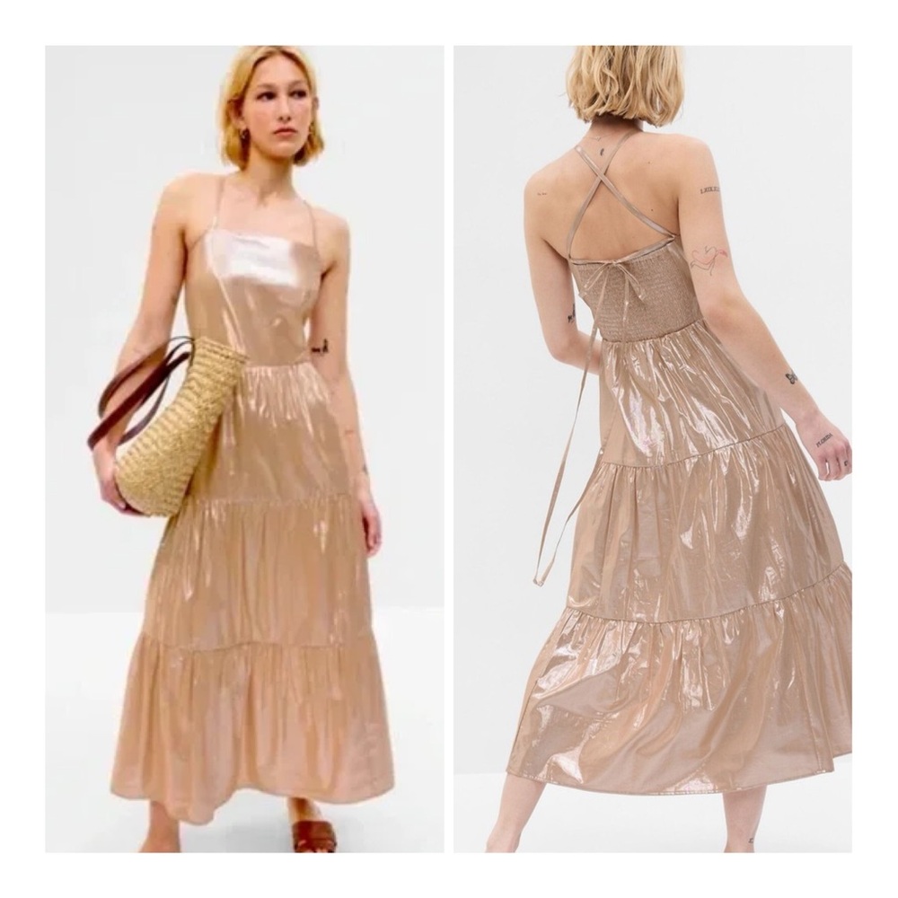 NEW‎ Gap Women's Small Gold Metallic Tie-Back Tiered Maxi Dress